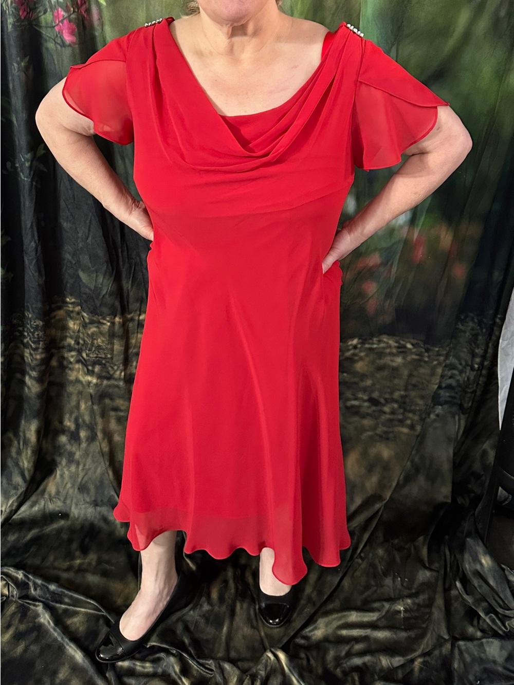 SL Fashion 16W Red Chiffon Cowl Neck, and rhinestone embellished Women's Dress